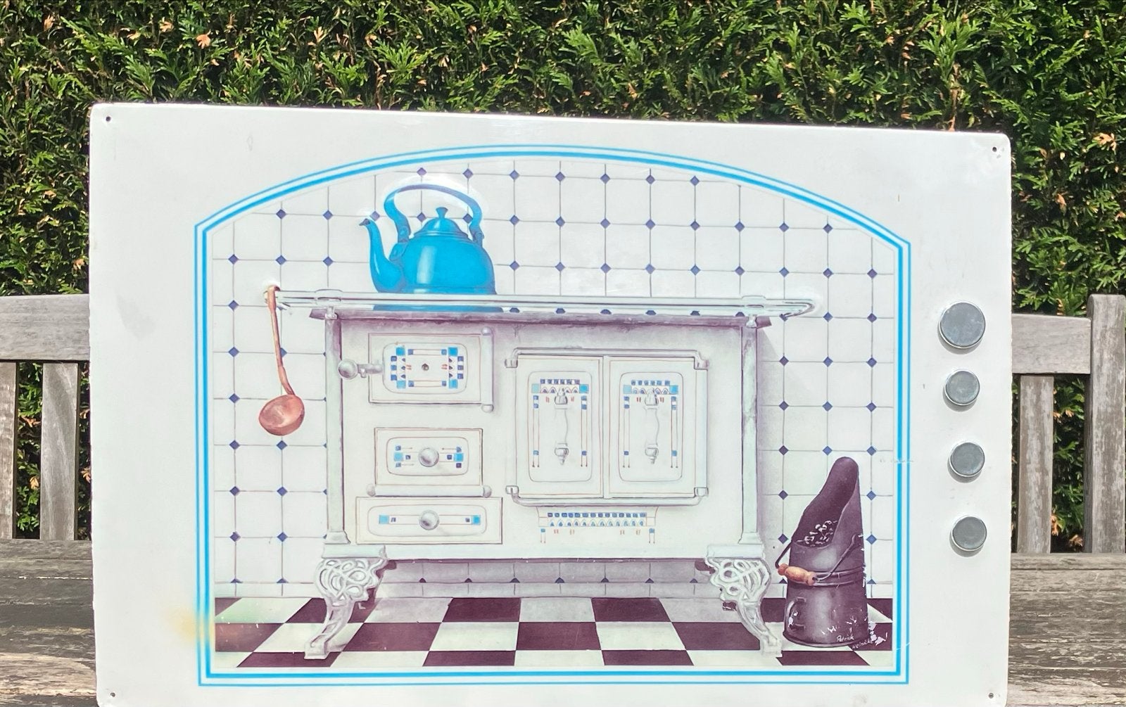 Vintage Emaille Reclamebord - Fornuis met Theepot., Ophalen