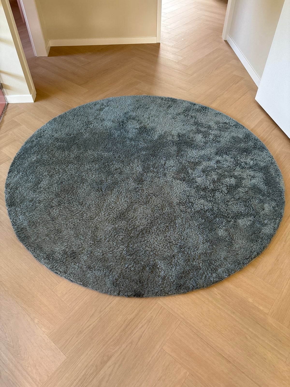 Rond hoogpolig vloerkleed in goede staat (kleur petrol), Huis en Inrichting, Ophalen, Gebruikt, 150 tot 200 cm, Rond