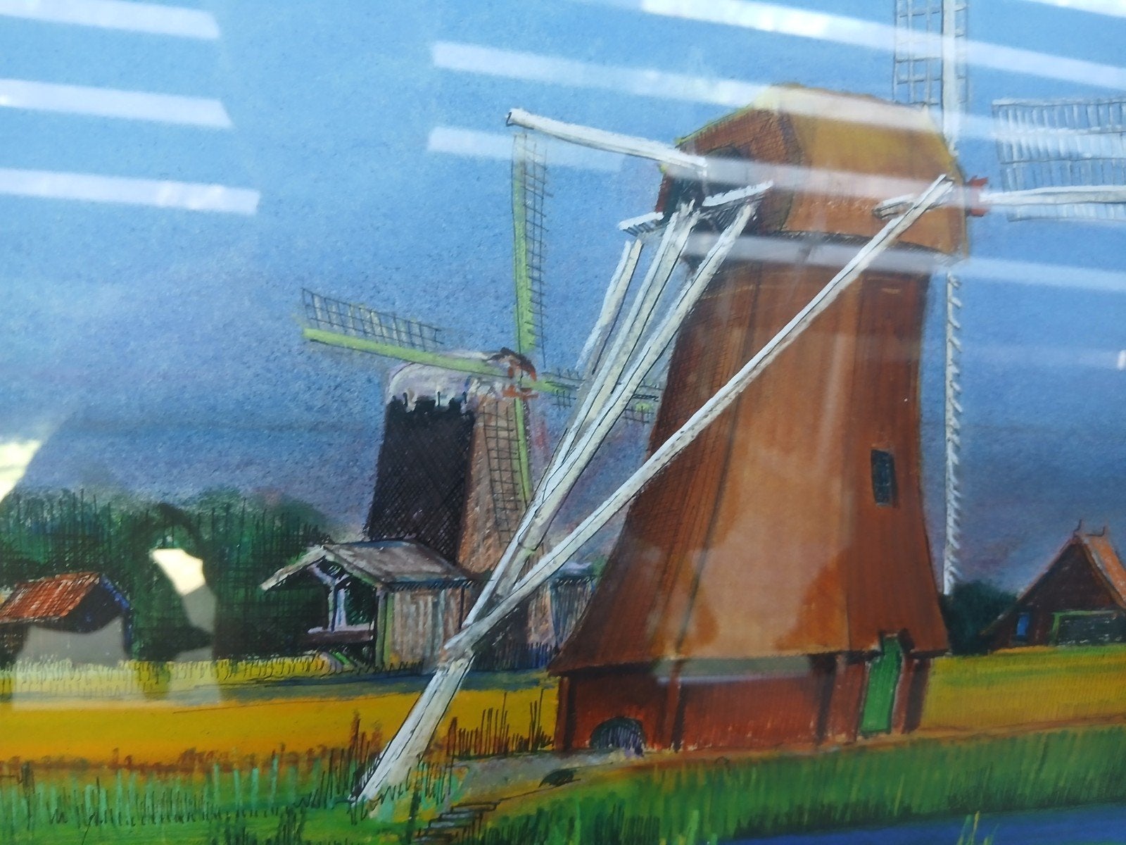 Cees van Gameren - Molenlandschap (1974), Ophalen of Verzenden, Tekening, Gemengde techniek, Ingelijst