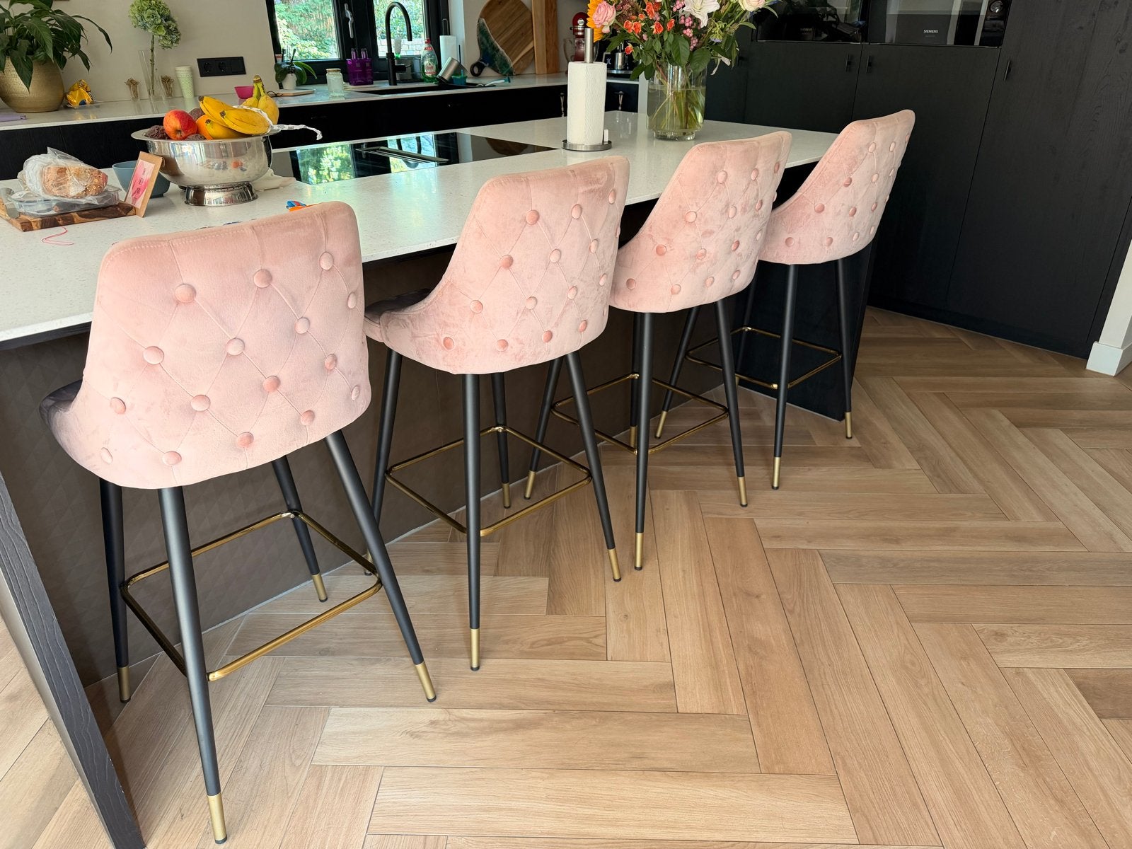 Richmond Imani Barkrukken Velvet Roze met Goud, Huis en Inrichting, Met voetsteun, Ophalen of Verzenden, Zo goed als nieuw, 90 cm of meer