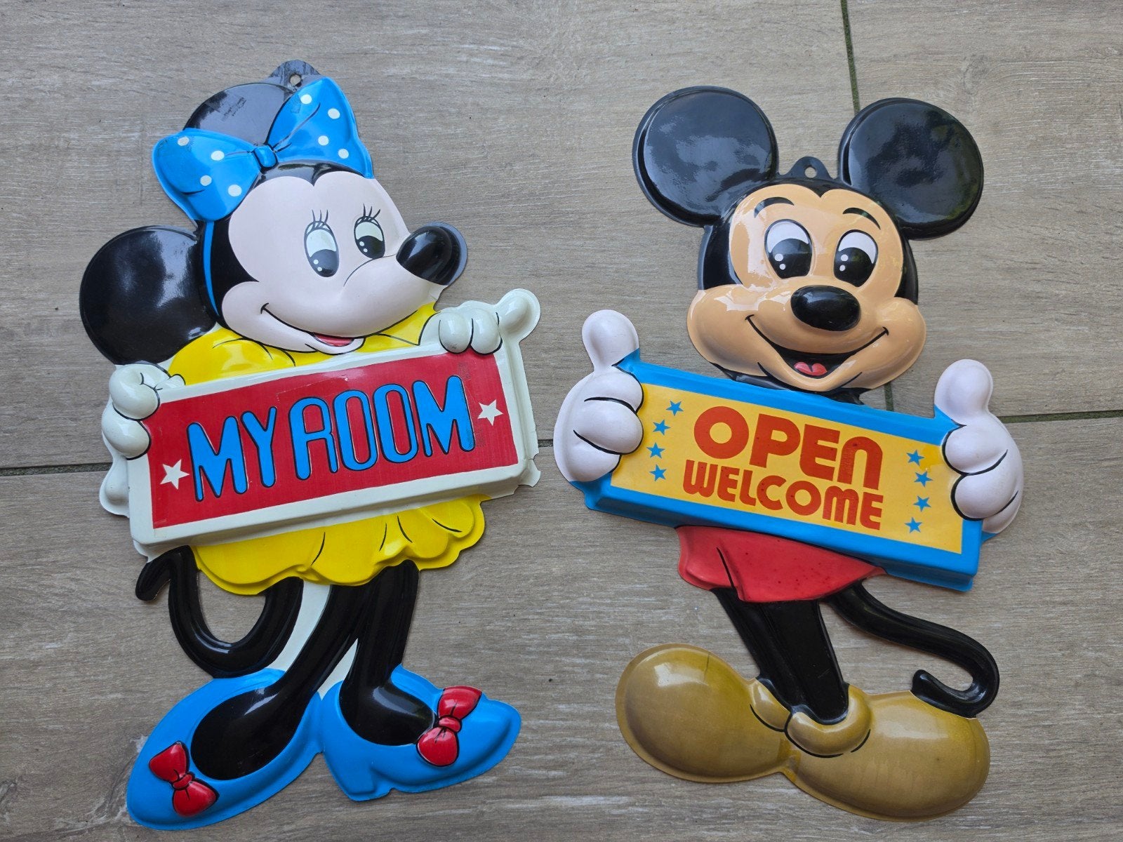 Vintage Disney Mickey en Minnie Mouse Deurbordjes, Ophalen, Mickey Mouse, Gebruikt, Beeldje of Figuurtje