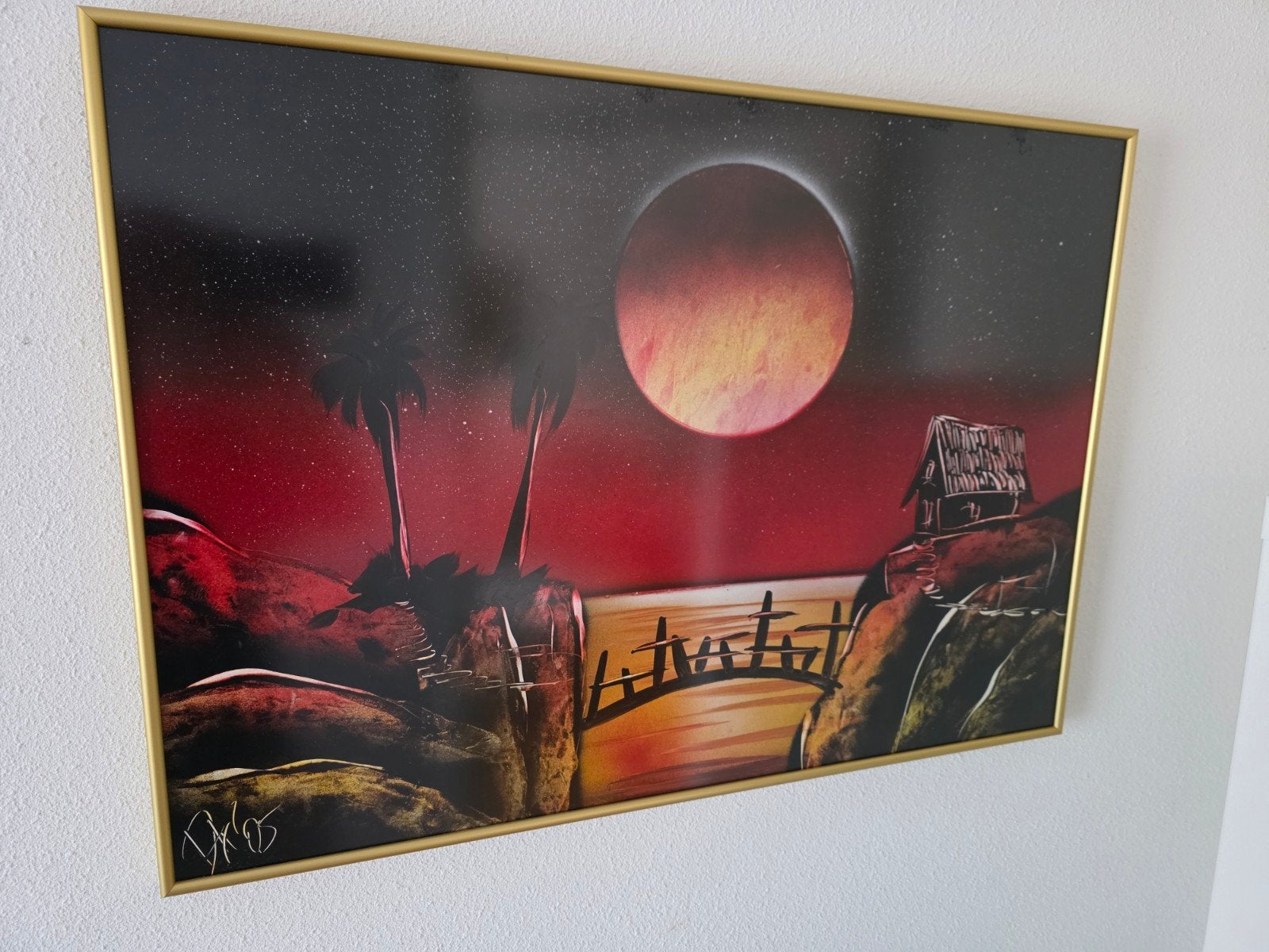 Schilderij met tropisch landschap en zonsondergang, Ingelijst, Overige materialen, Overige technieken, Landschap