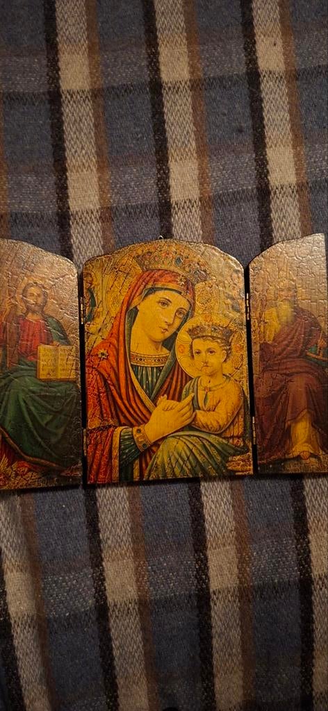 Antiek drieluik icoon: Maria met kind en heiligen, Antiek en Kunst, Ophalen of Verzenden