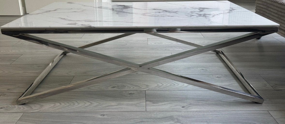 meubelset Marmerlook eettafel 4 velvet stoelen salontafel, Huis en Inrichting, Ophalen, Zo goed als nieuw, Rechthoekig, 50 tot 100 cm