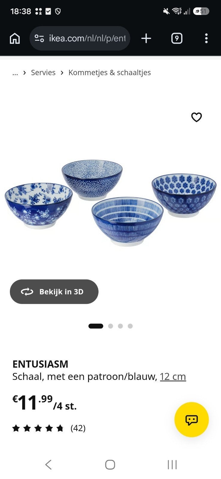 IKEA ENTUSIASM Schalen - 4 stuks, blauw/wit, 12 cm, Ophalen, Keramiek, Nieuw, IKEA