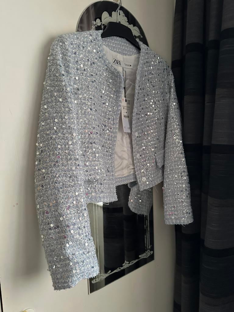 Zara blazer met pailleten lichtblauw, Maat 38/40 (M), Blauw, Nieuw, Ophalen of Verzenden