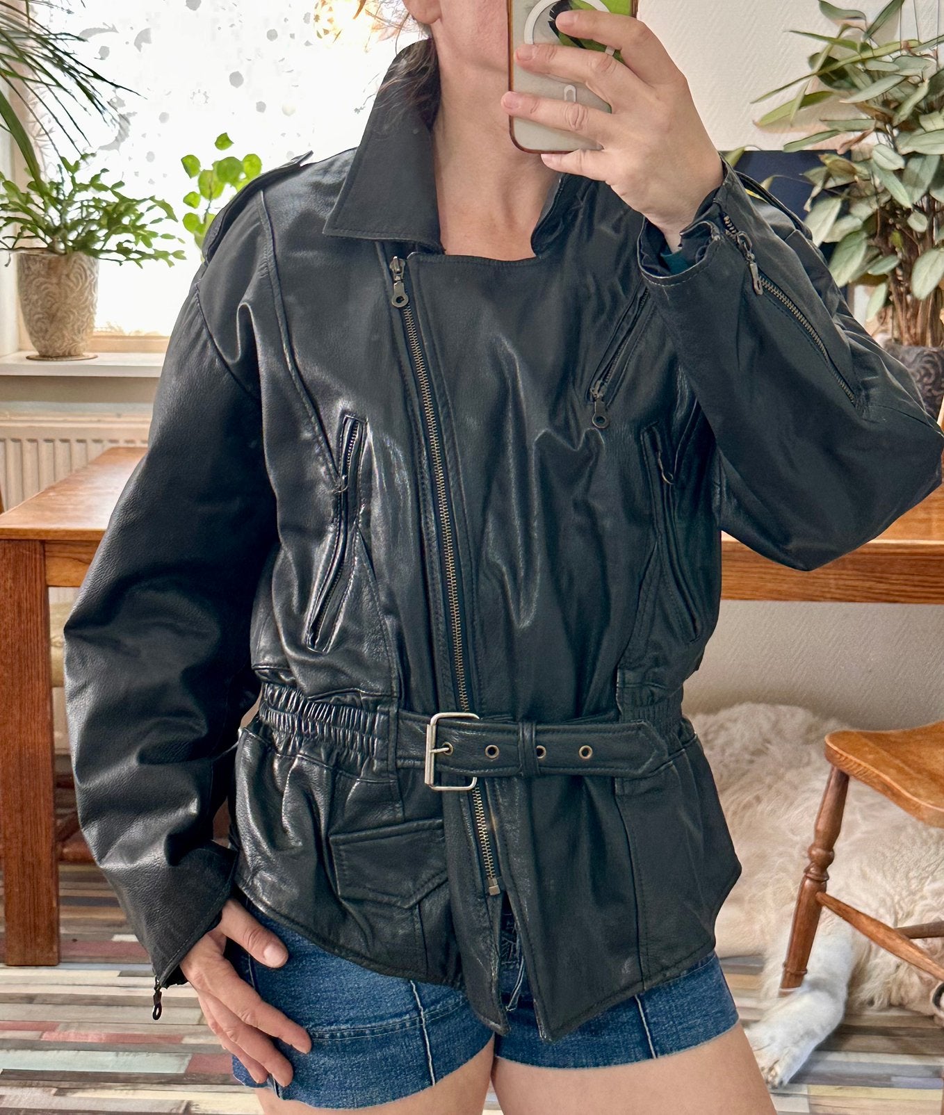 True Vintage Black Leather Motor Biker Jacket Belted Size S, Ophalen of Verzenden, Tweedehands, Dames, Jas | leer