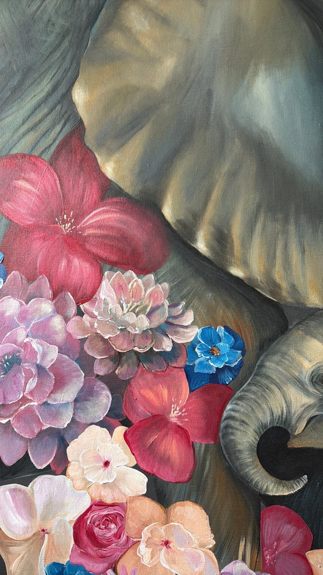 Origineel handgeschilderd Olifanten & bloemen 120 x 120 cm, Acrylverf, Handgeschilderd, Ophalen of Verzenden, Dieren
