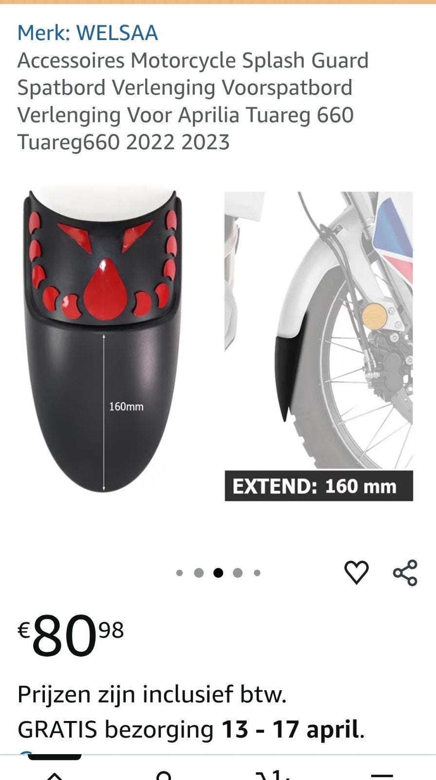 Spatbord verlenging Aprilia Tuareg660, Ophalen of Verzenden, Gebruikt