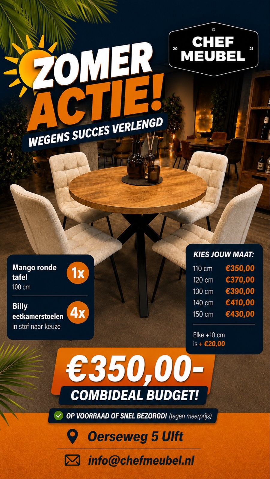 SUCCESACTIE ZOMERDEAL CHEFMEUBEL, Huis en Inrichting, Ophalen, 100 tot 150 cm, Rond, Nieuw