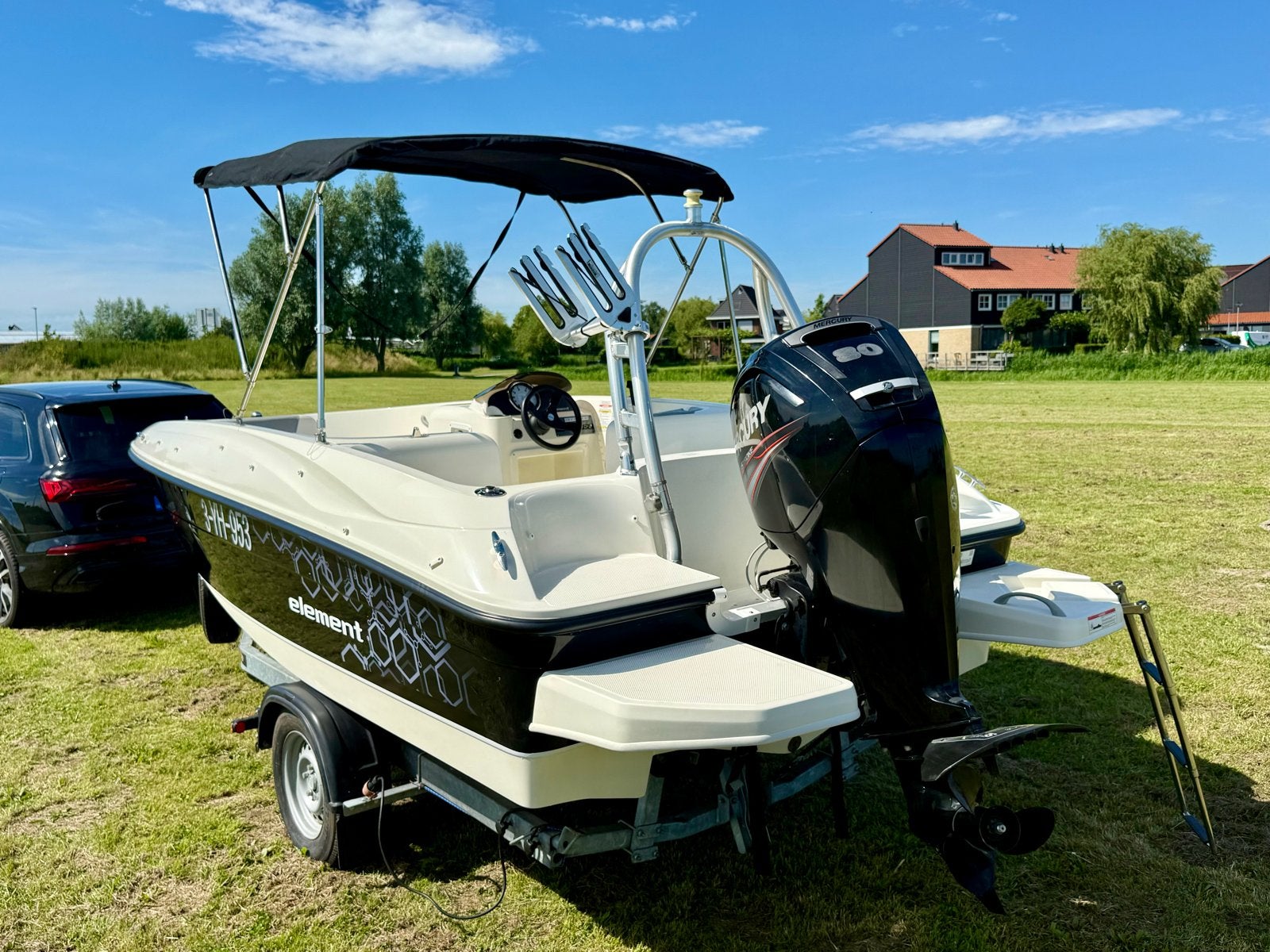 Bayliner Element 489cm met Mercury 80pk en Riba trailer, Watersport en Boten, Motorboten en Motorjachten, Buitenboordmotor, Trailer