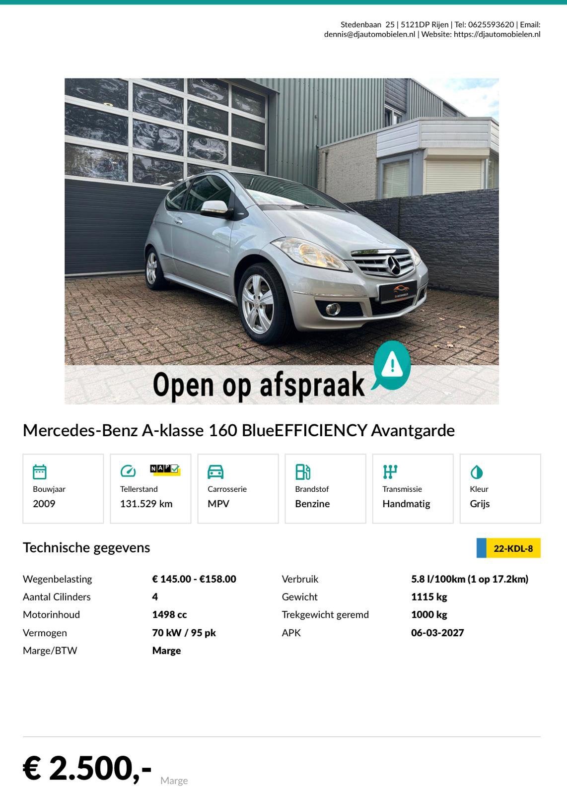 Mercedes-Benz A-Klasse 1.5 A160 3DRS 2009 Grijs, Auto's, Voorwielaandrijving, 1498 cc, 49 €/maand, Origineel Nederlands