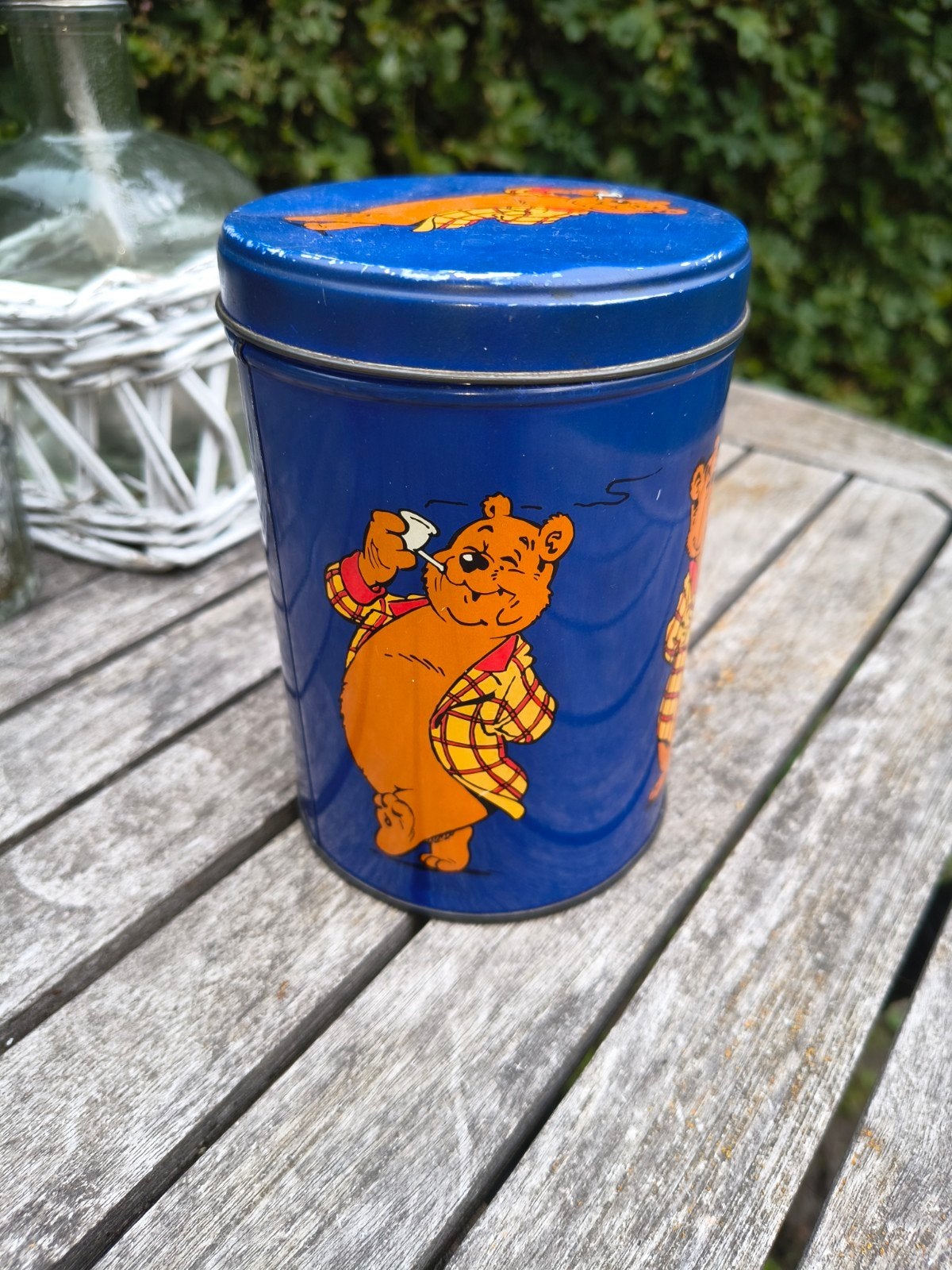 Vintage blik met berenprint - Marten Toonder stijl, Ophalen of Verzenden, Gebruikt, Koek(jes), Overige merken