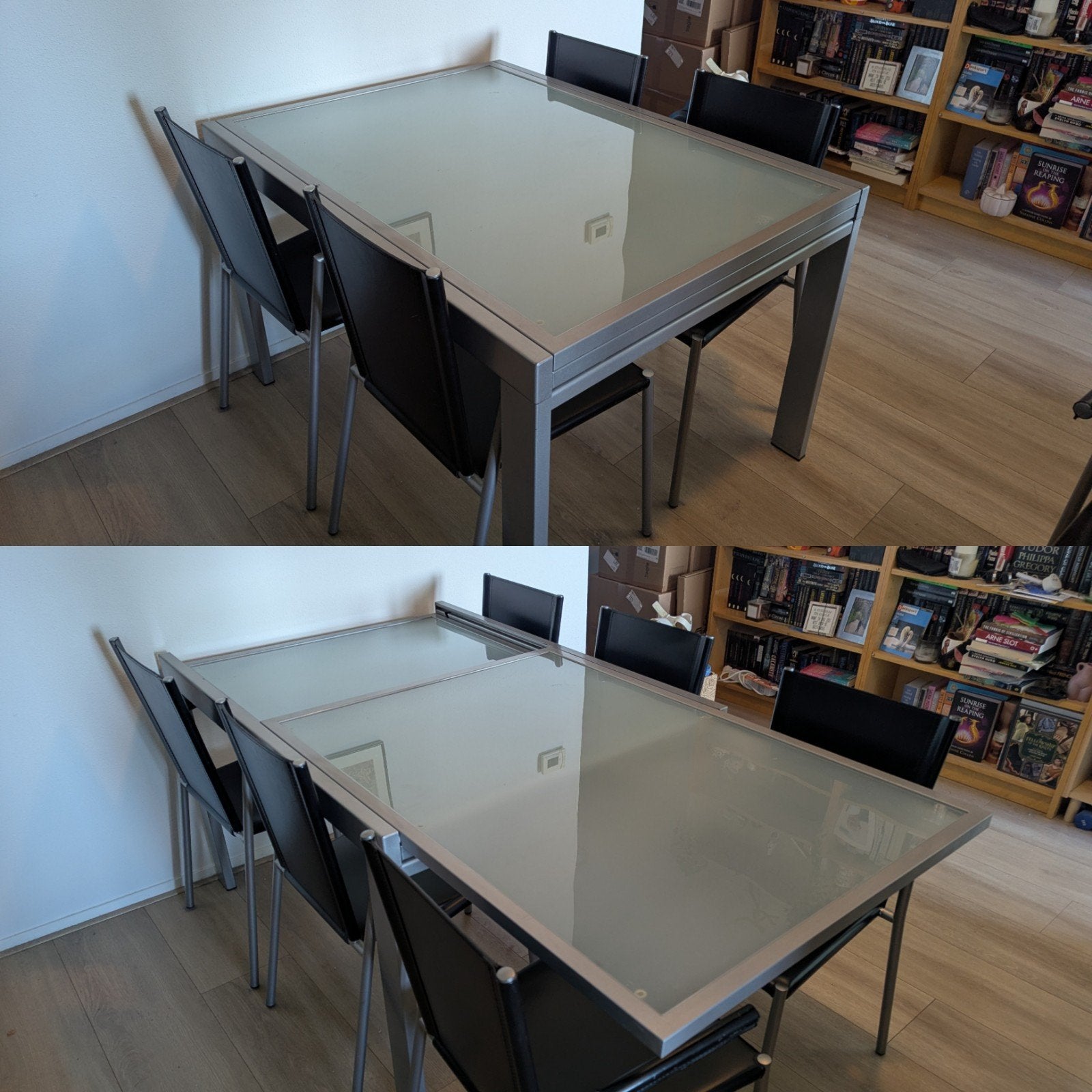 Uitschuifbare RVS eettafel met glazen blad, Ophalen, Gebruikt, 50 tot 100 cm, Glas