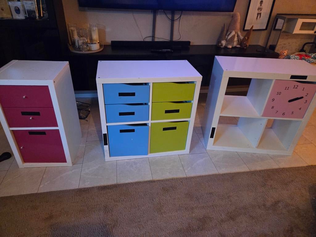 Ikea kallax 3 kasten, Gebruikt, Modern, Speels, 5 laden of meer, 100 tot 150 cm