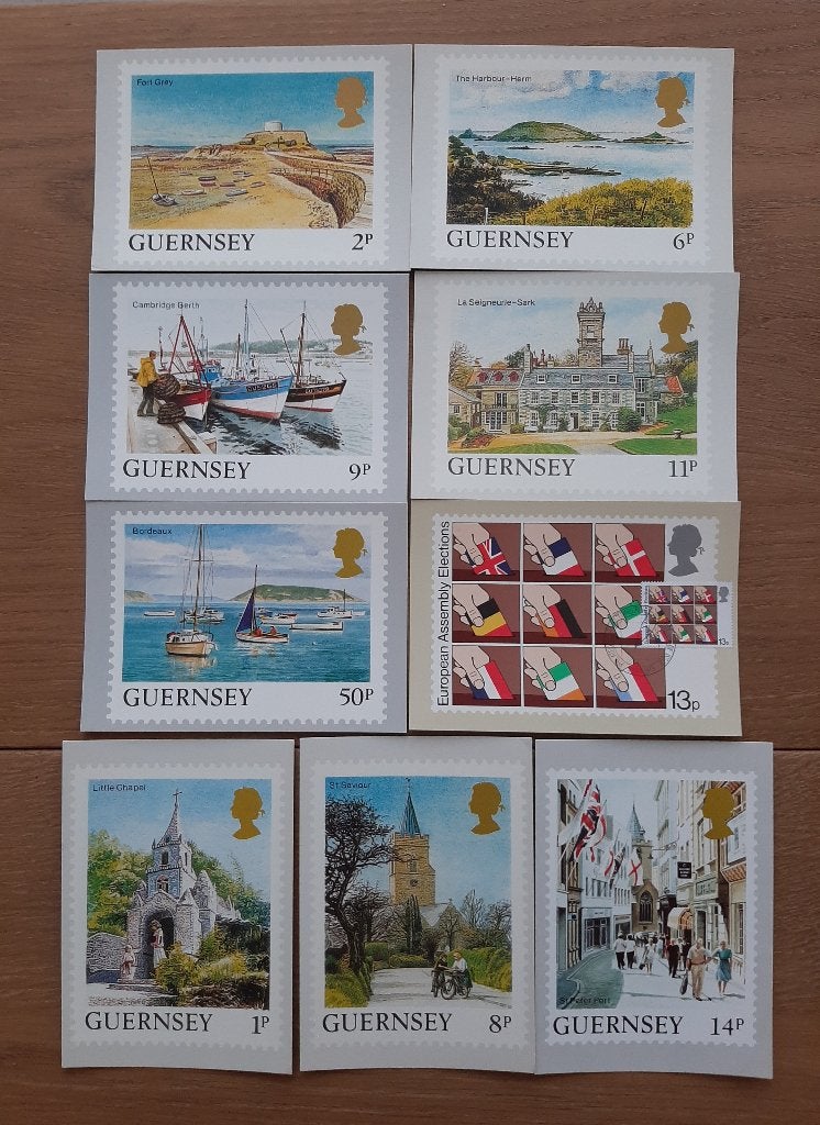 9 Ansichtkaarten met Schoonheid Guernsey in Postzegelvorm, Ophalen, Ongelopen, Engeland