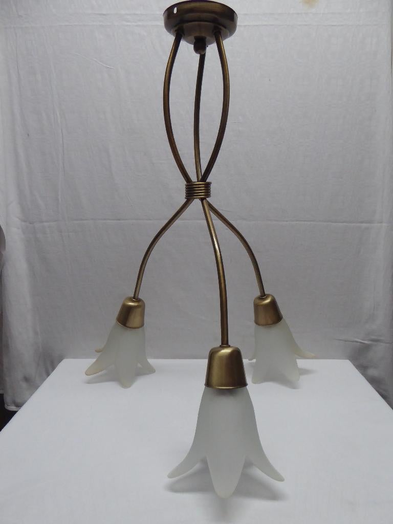 Plafondlamp | drie elegante lampjes met golfkap | brons, Ophalen, Zo goed als nieuw, Glas