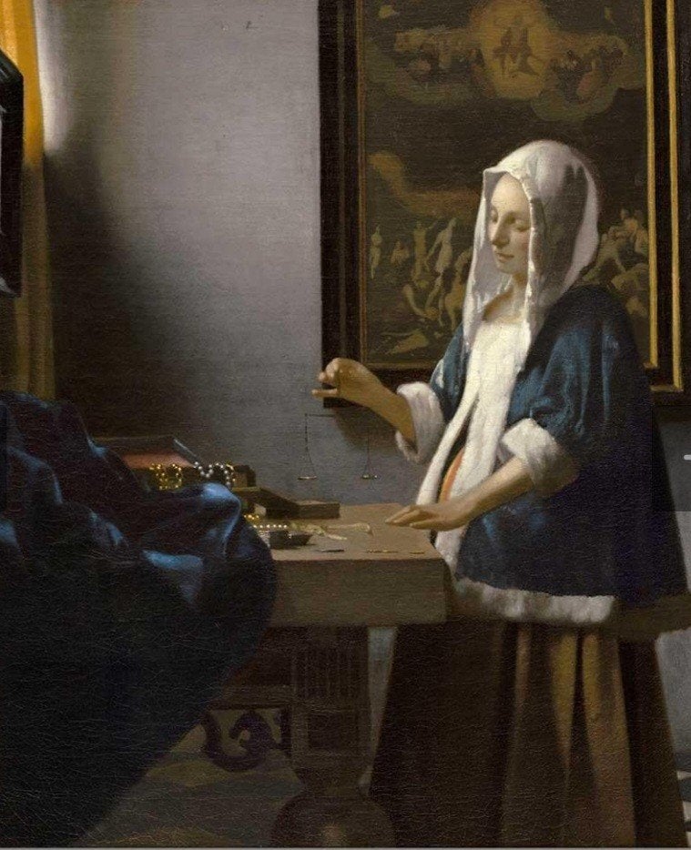Ingelijste affiche van Vermeer's 'Vrouw met de Weegschaal', Antiek en Kunst, Kunst | Schilderijen | Klassiek, Portret of Personen