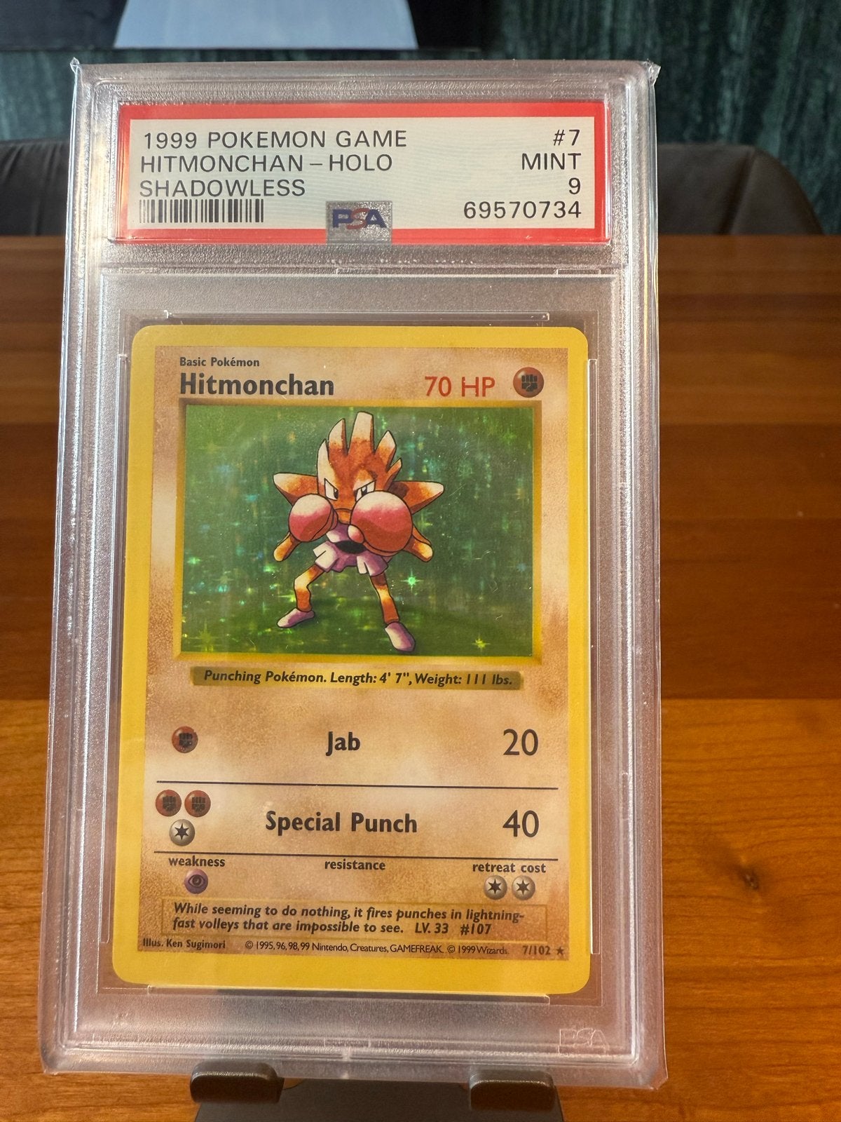 Hitmonchan (Shadowless) #7 - Base Set (1999) - PSA 9, Ophalen of Verzenden, Zo goed als nieuw, Losse kaart