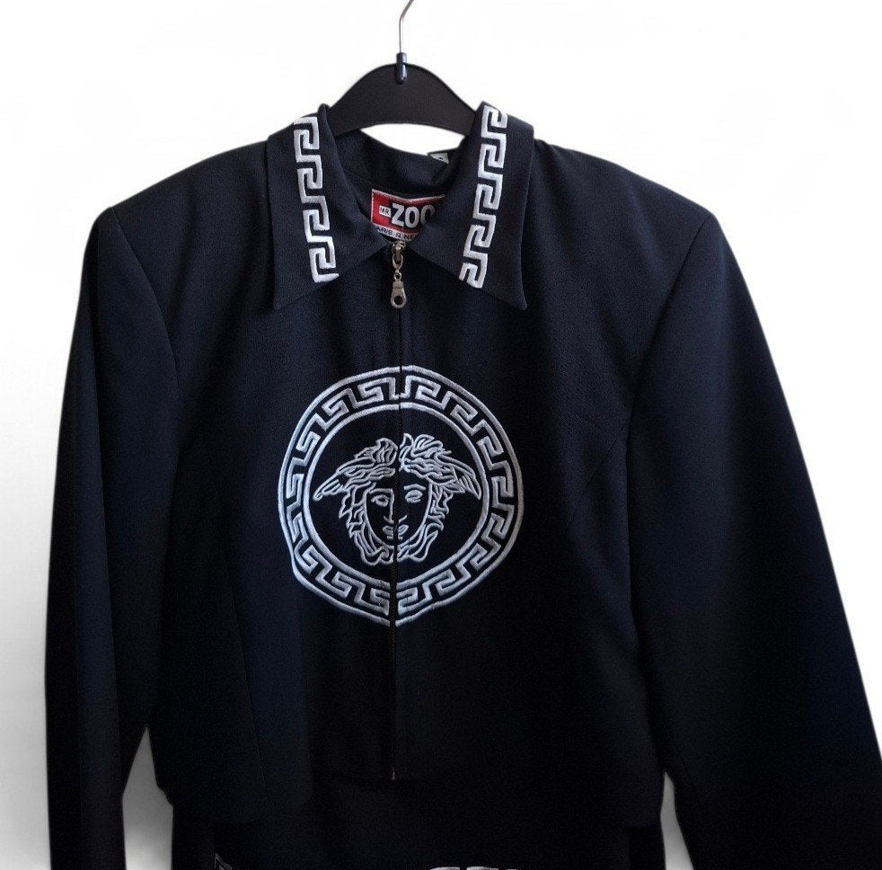 Vintage Versace-stijl rok en jasje set, Versace-stijl, Zwart, Zo goed als nieuw, Boven de knie