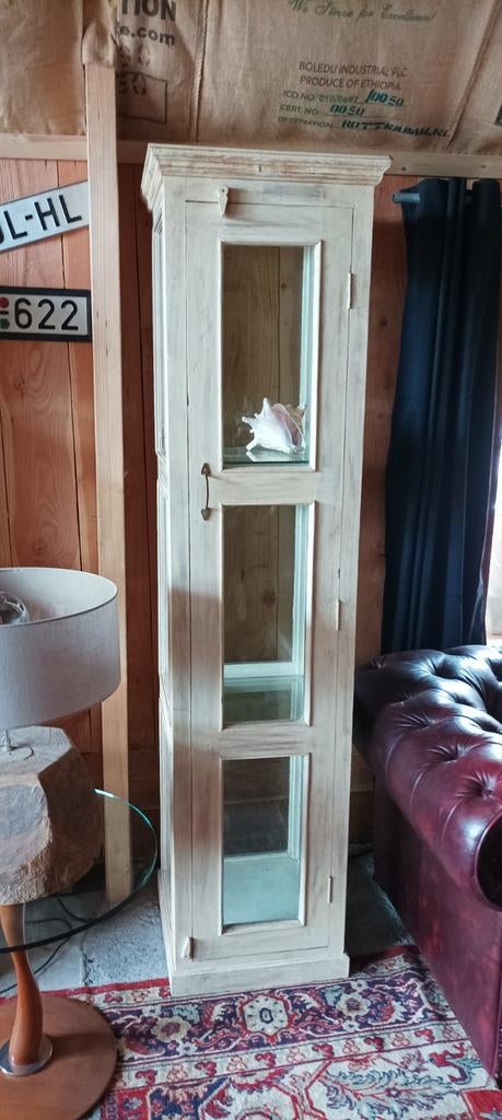 Massief houten vitrine kast, Ophalen, 50 tot 100 cm, Zo goed als nieuw, 150 tot 200 cm