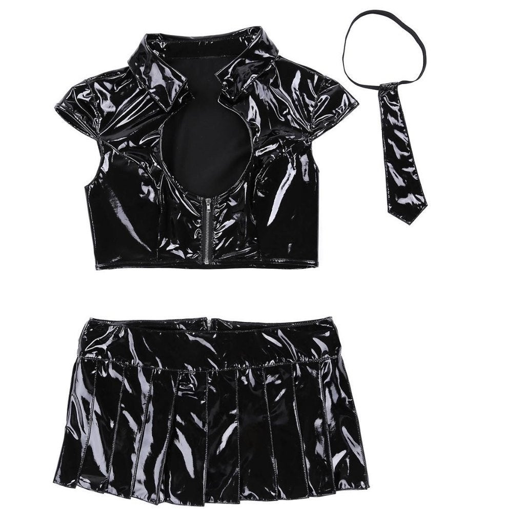 Zwarte wetlook top en rokje / dames vrouwen leren sexy, Verzenden, Nieuw, Zwart, Boven de knie