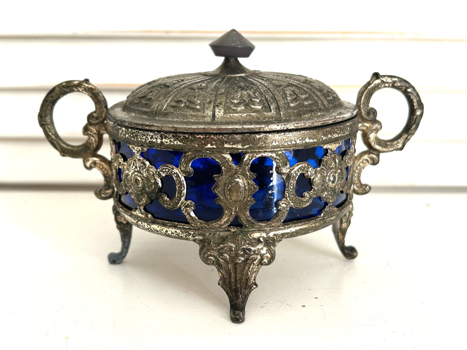 Antieke suikerpot met blauw glazen bakje, Antiek en Kunst, Ophalen