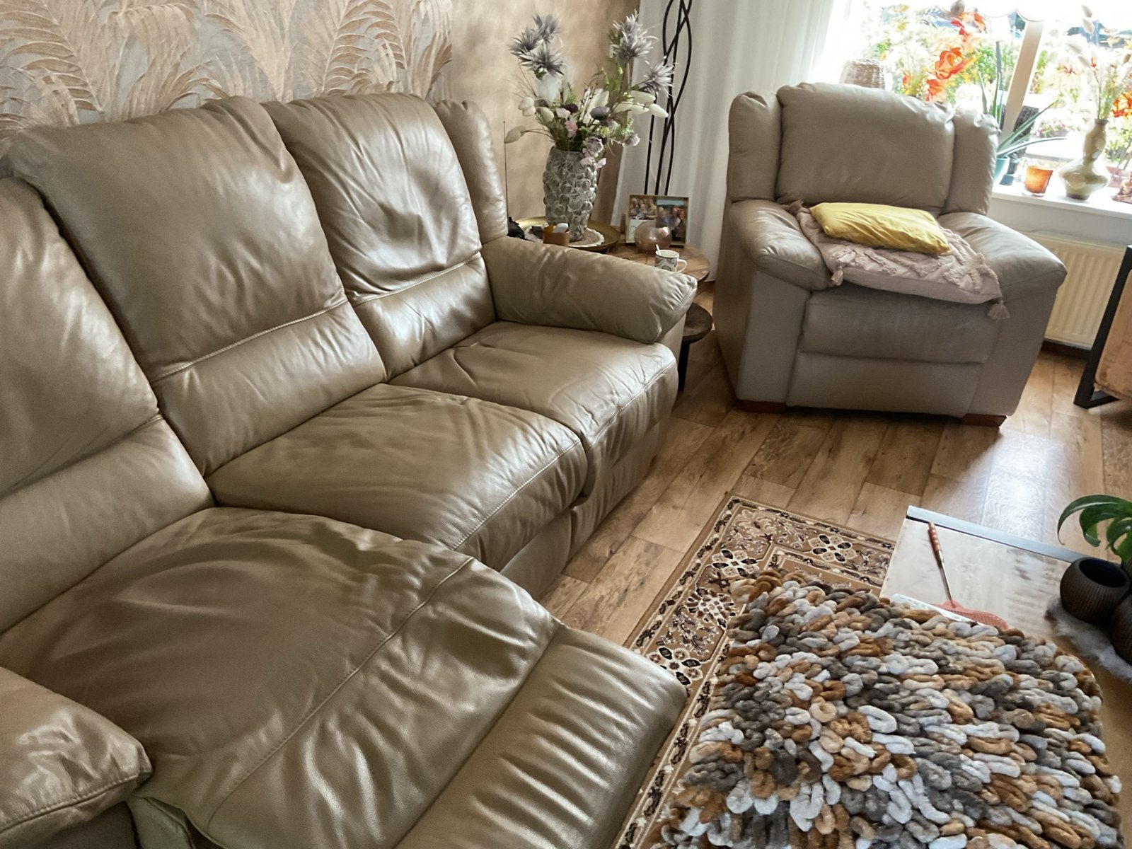 Leren 3-zitsbank met relaxfunctie en fauteuil, Ophalen, Gebruikt, Driepersoons, Leer