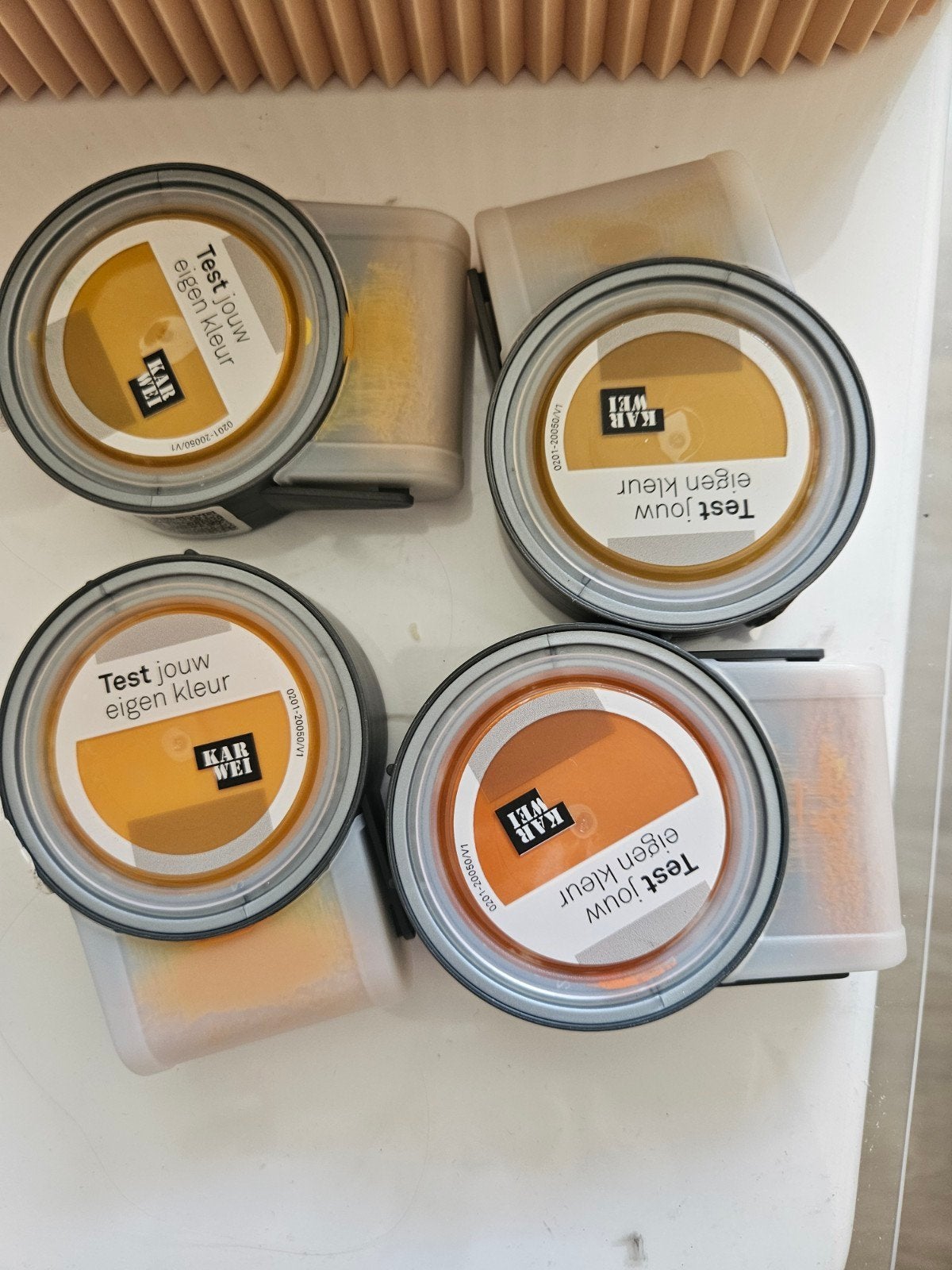 4 gratis Karwei verftesters in diverse geel- en oranjetinten, Ophalen of Verzenden