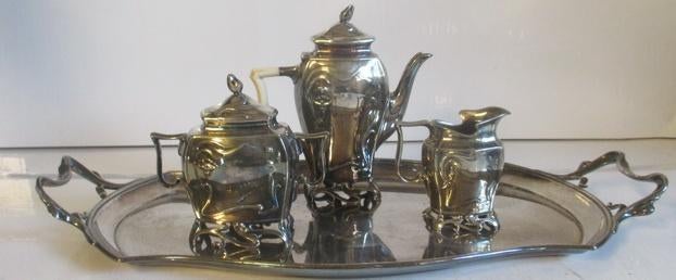 art nouveau verzilverd Vienna koffie set ontbijtset 4 stuks, Verzenden
