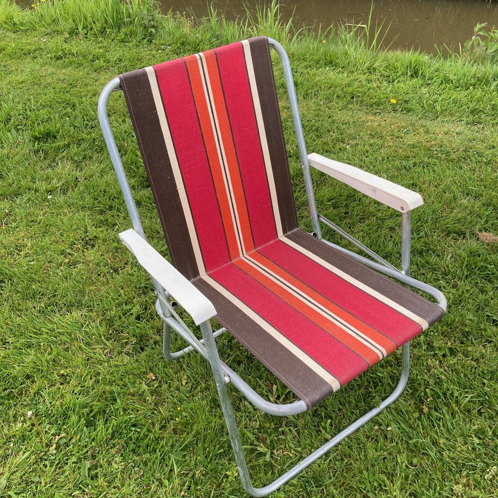 Vintage campingstoel jaren '70 - aluminium frame, gestreept, Ophalen, Gebruikt, Campingstoel