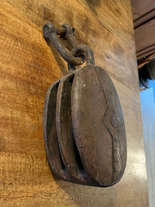 Antieke houten katrol met twee schijven, Ophalen of Verzenden