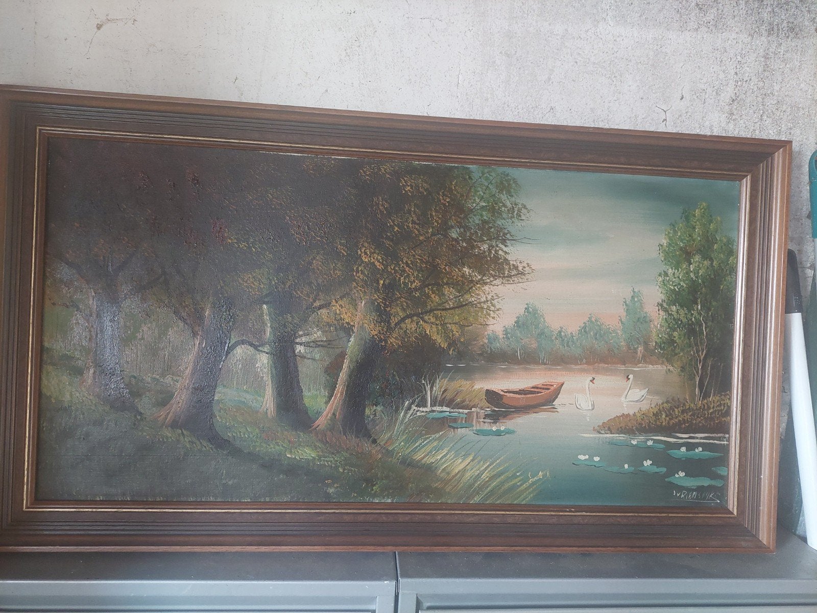 Schilderij: Landschap met zwanen en roeiboot, Ophalen