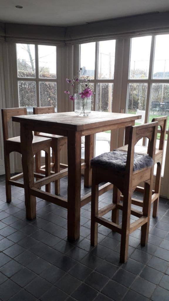 barkrukken krukken hoge tafel - bartafel oud reclaimed teak, Ophalen, Zo goed als nieuw, Inclusief barstoelen