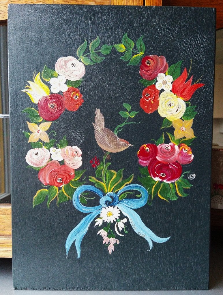 klein schilderij op paneel Hindelooper schilderkunst, Antiek en Kunst, Bloemen, Paneel, Oud hollands, Ophalen of Verzenden
