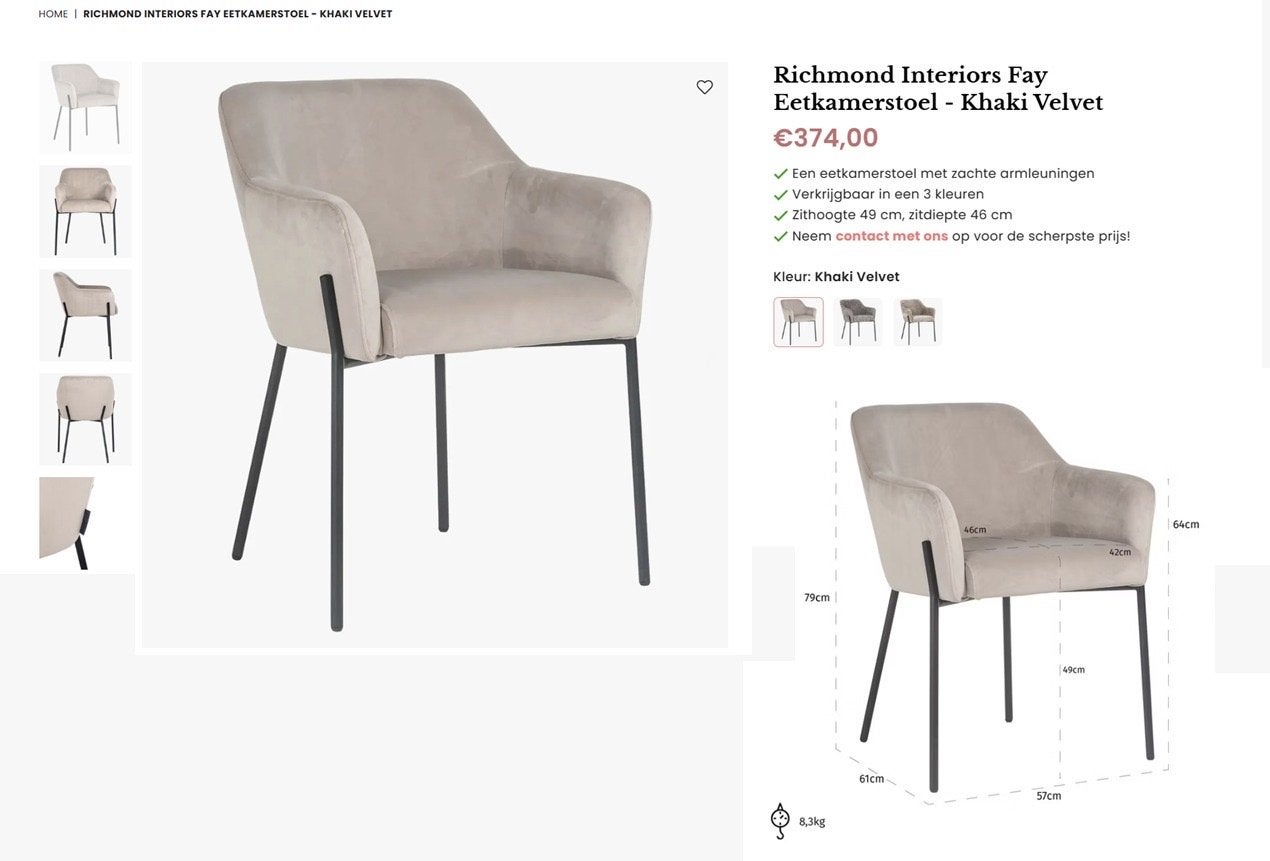 3 stuks €300! Richmond Fay Eetkamerstoel - Khaki Velvet, Huis en Inrichting, Stoelen, Ophalen, Gebruikt, Overige kleuren, Drie
