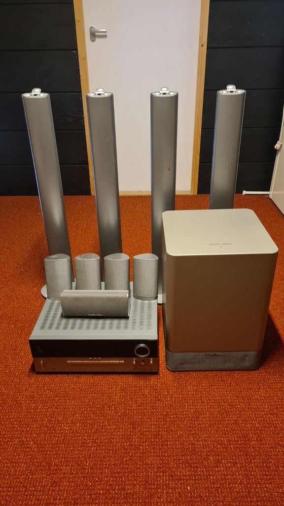 Harman Kardon AVR130 set met HK-TS7 speakers & palen, 70 watt of meer, Zo goed als nieuw, 5.1-systeem, Overige spelers
