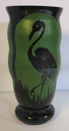 zeldzame art deco glas vaas Artver Paul Heller flamingos, Verzenden