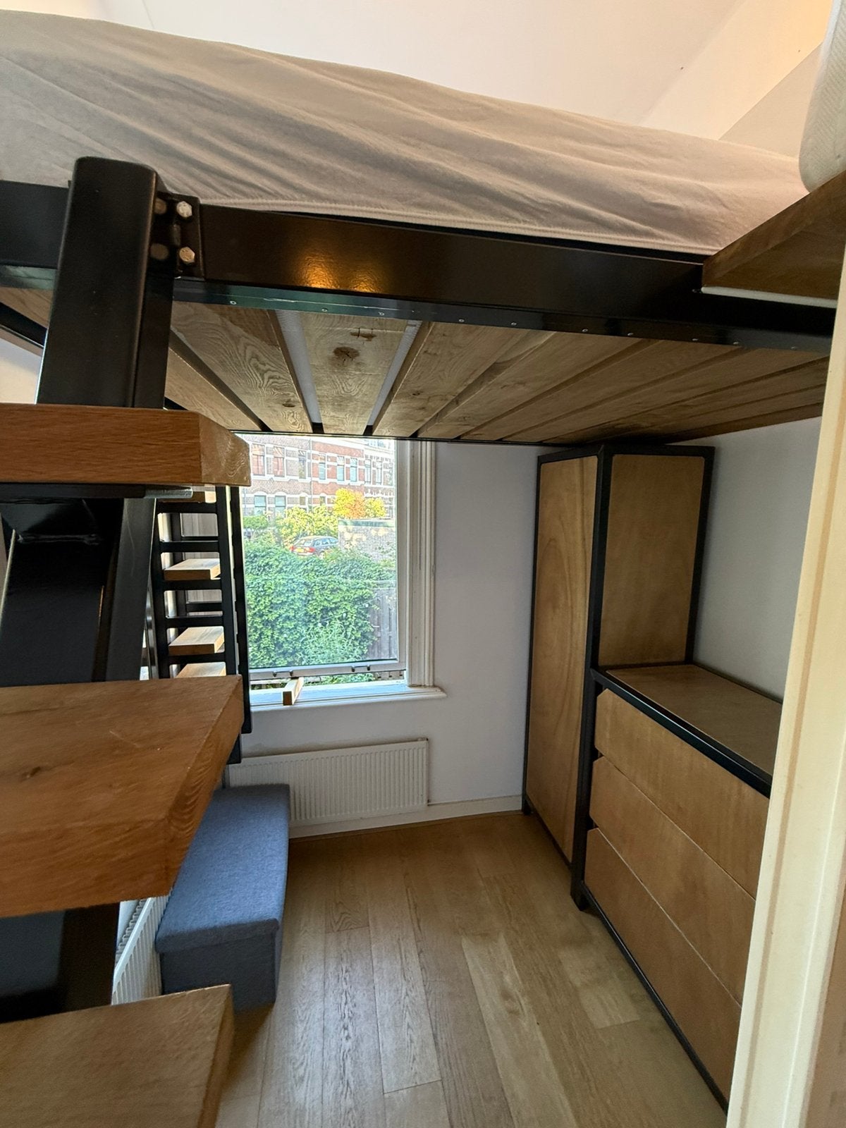 Design eikenhout hoogslaper 140x200 + kasten ZGAN, Ophalen, Hoogslaper, Tweepersoons, 140 cm