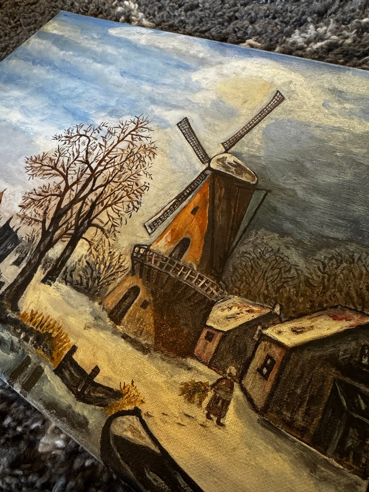 Schilderij Hollands Winterlandschap Molen en Schaatsers, Antiek en Kunst, Doek, Ophalen of Verzenden, Gesigneerd, Landschap