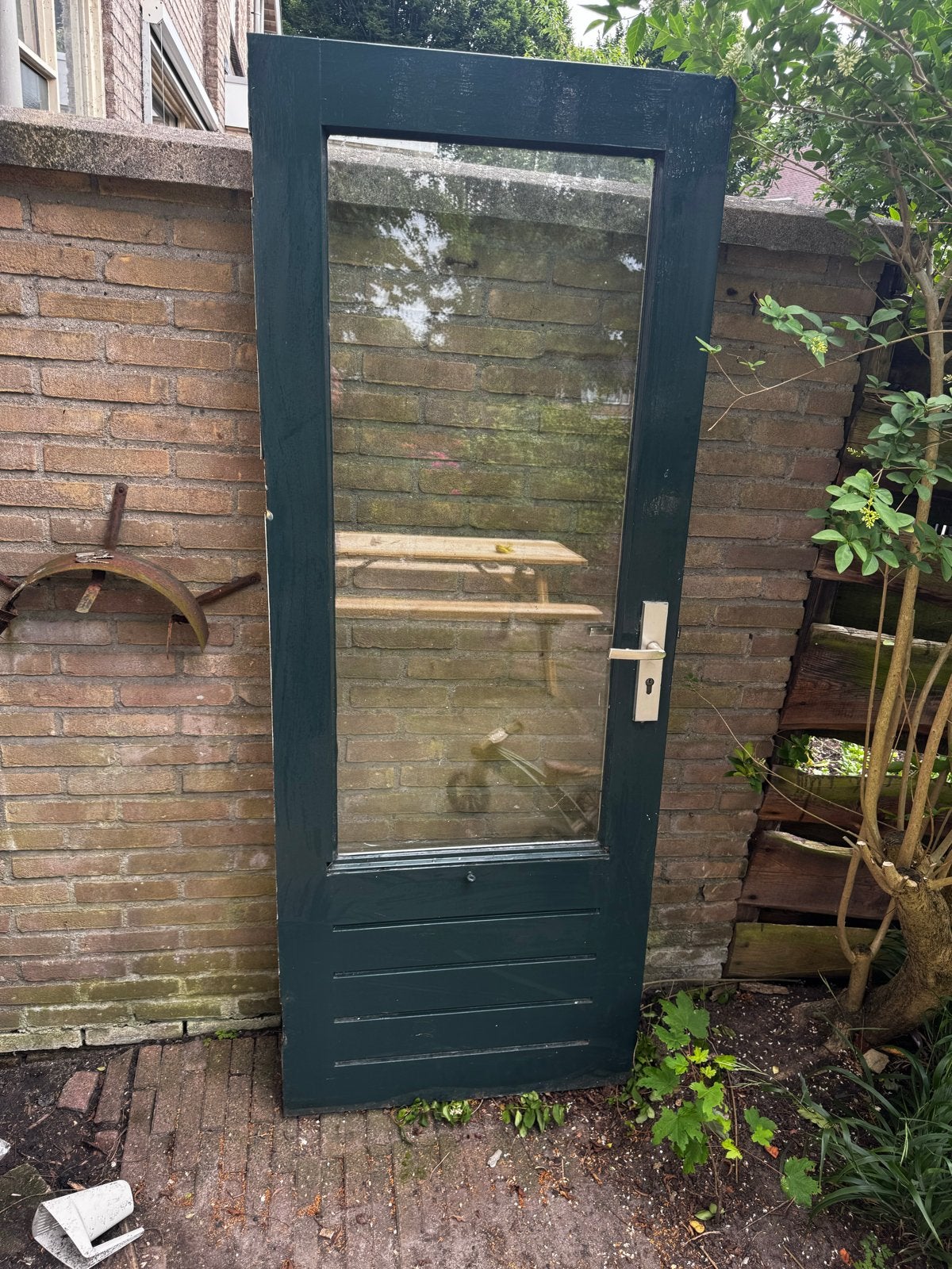 Gebruikte buitendeur met glas, groen/wit, Doe-het-zelf en Verbouw, Deuren en Horren, Ophalen, Gebruikt, 80 tot 100 cm, Buitendeur