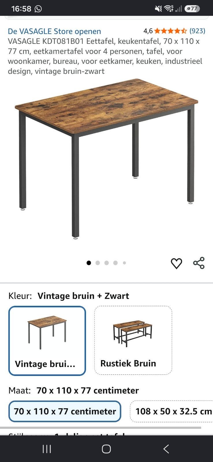 Nieuwe VASAGLE Eettafel, 70x110x77 cm, vintage bruin-zwart, 50 tot 100 cm, 100 tot 150 cm, Nieuw, Industrieel, Vintage