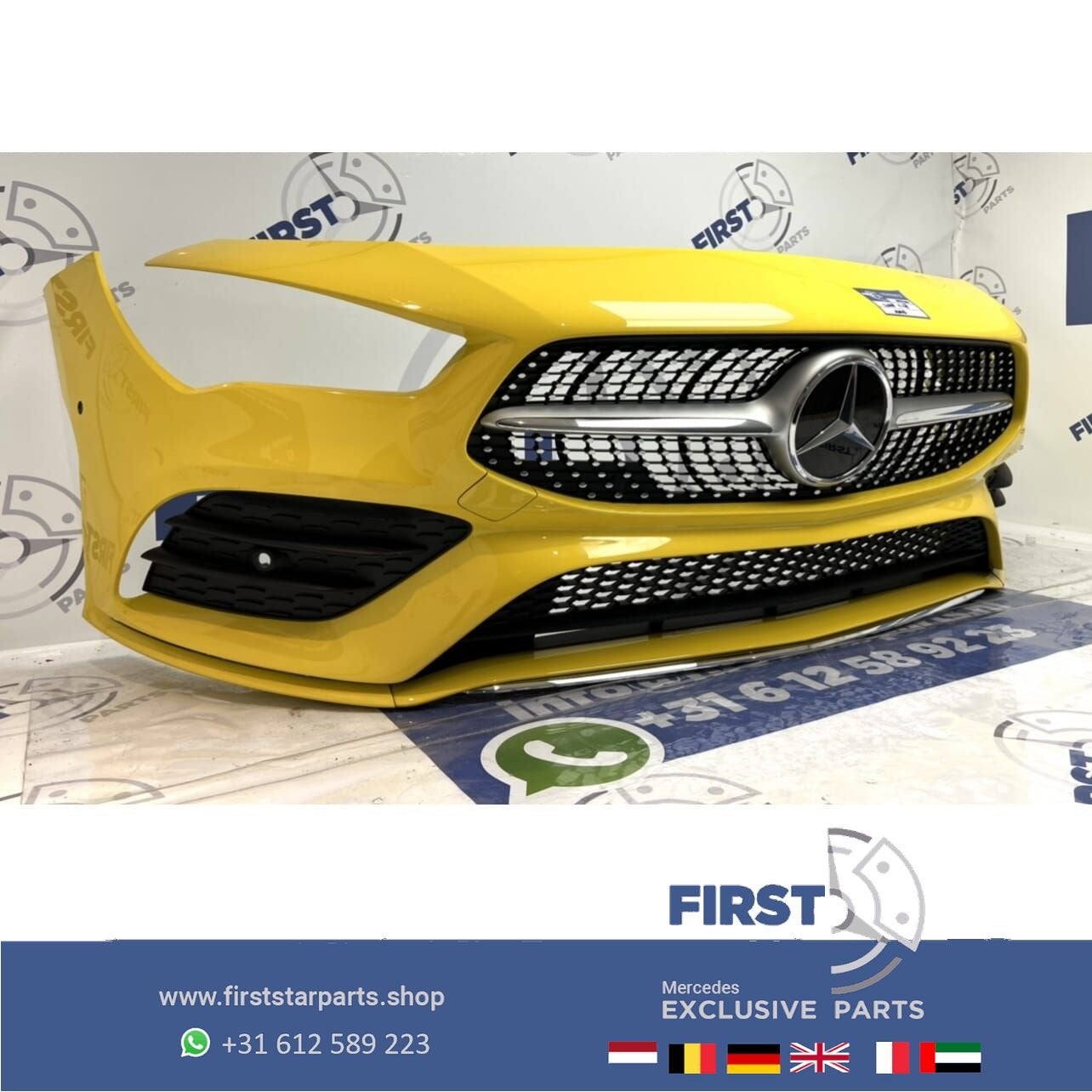 W118 C118 CLA AMG VOORBUMPER GEEL  + DIAMOND GRIL 2018-2023, Auto-onderdelen, Gebruikt, -, Voor, Ophalen of Verzenden