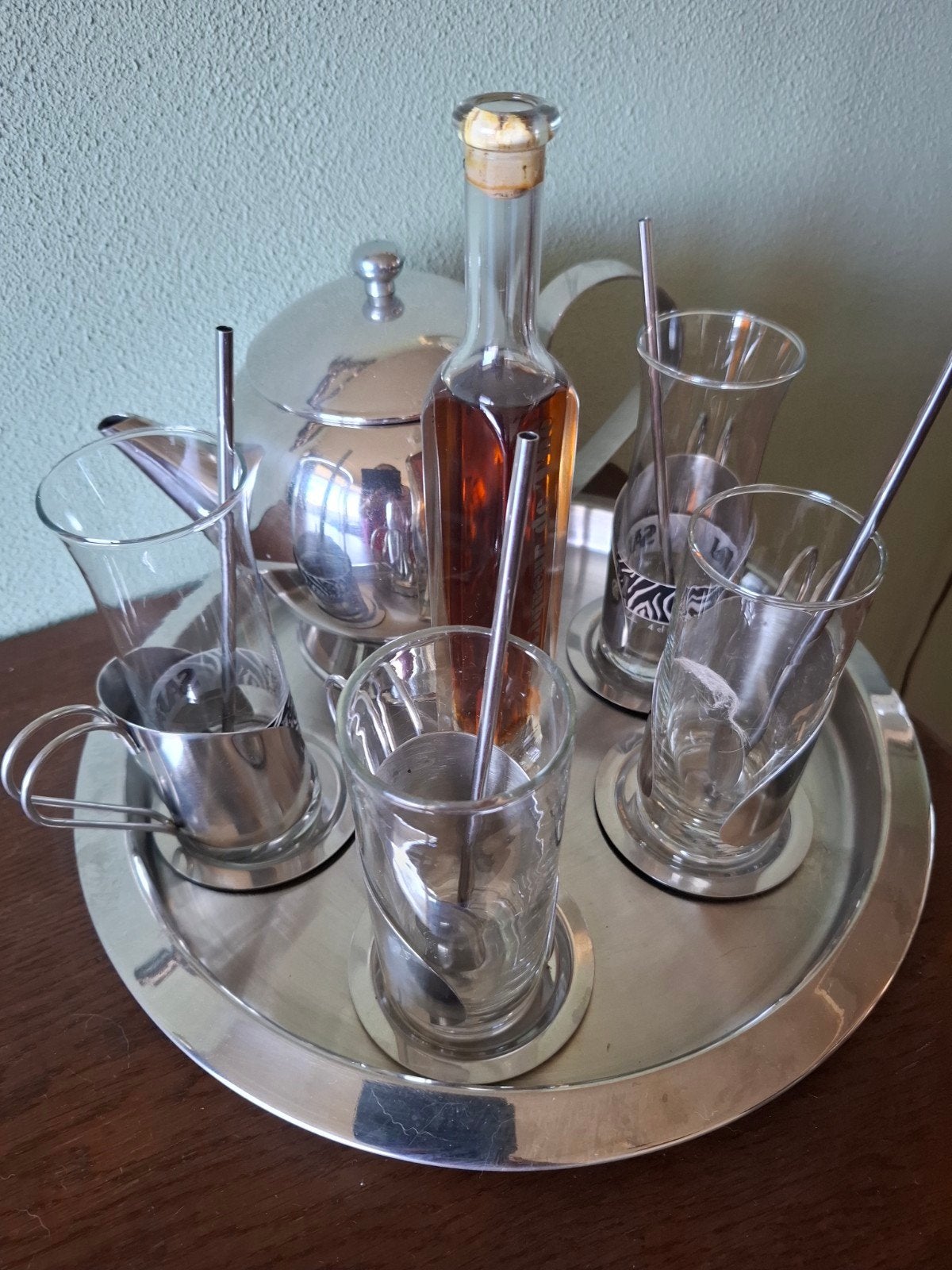 Vintage theeset met 4 glazen, theepot en likeur, Ophalen of Verzenden