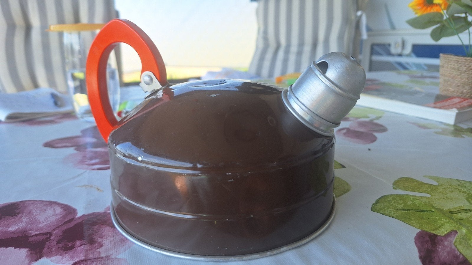 Vintage koffiekan en fluitketel set - Bruin met oranje, Ophalen of Verzenden