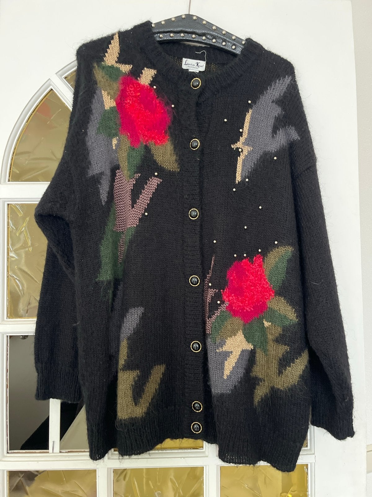 Vintage gebreid vest met bloemenborduursel, Kleding | Dames, Ophalen, Gedragen, Maat 42/44 (L), Zwart