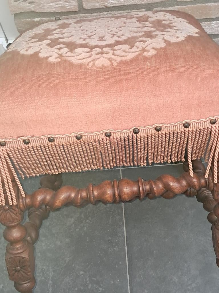 Antieke voetenbank met roze fuwelen bekleding, Ophalen of Verzenden