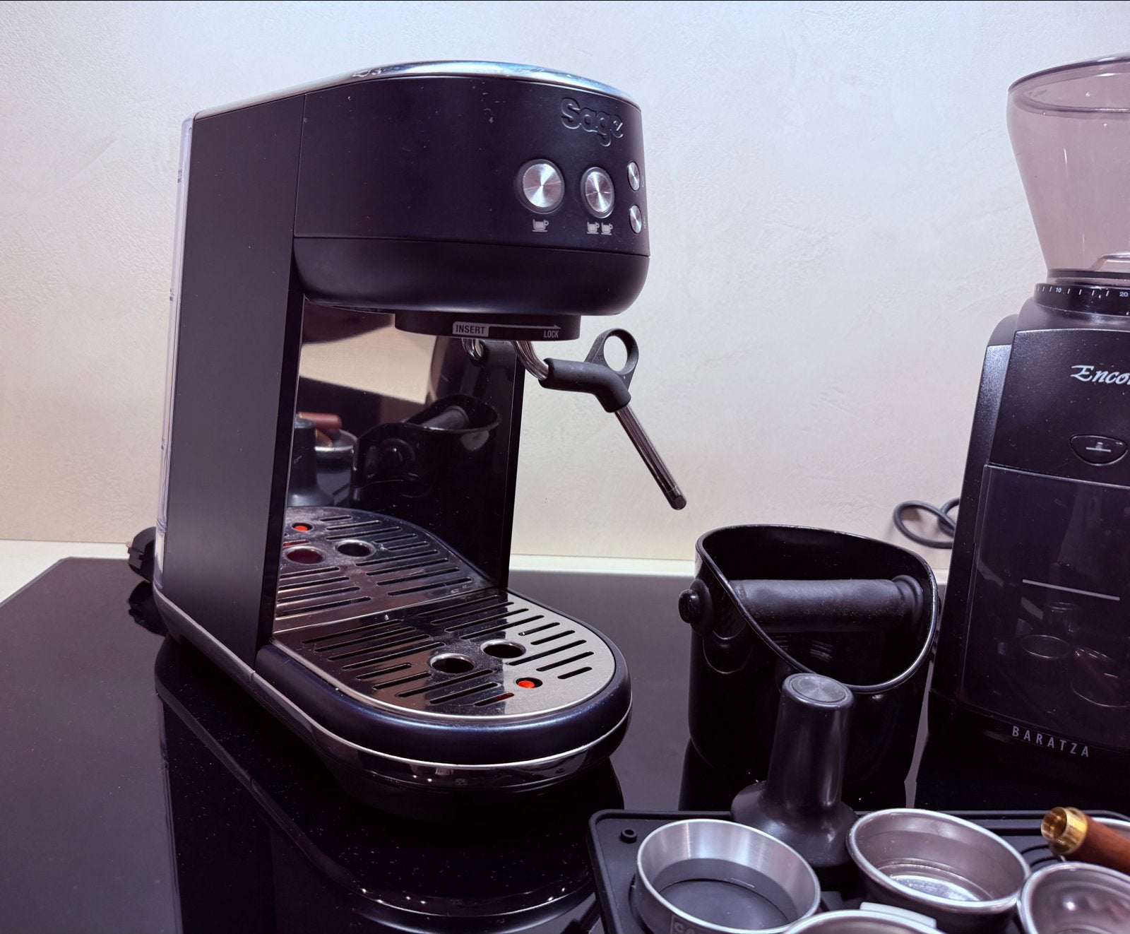 Sage Espresso Machine met Baratza Encore Koffiemolen, Afneembaar waterreservoir, Espresso apparaat, Zo goed als nieuw, 1 kopje