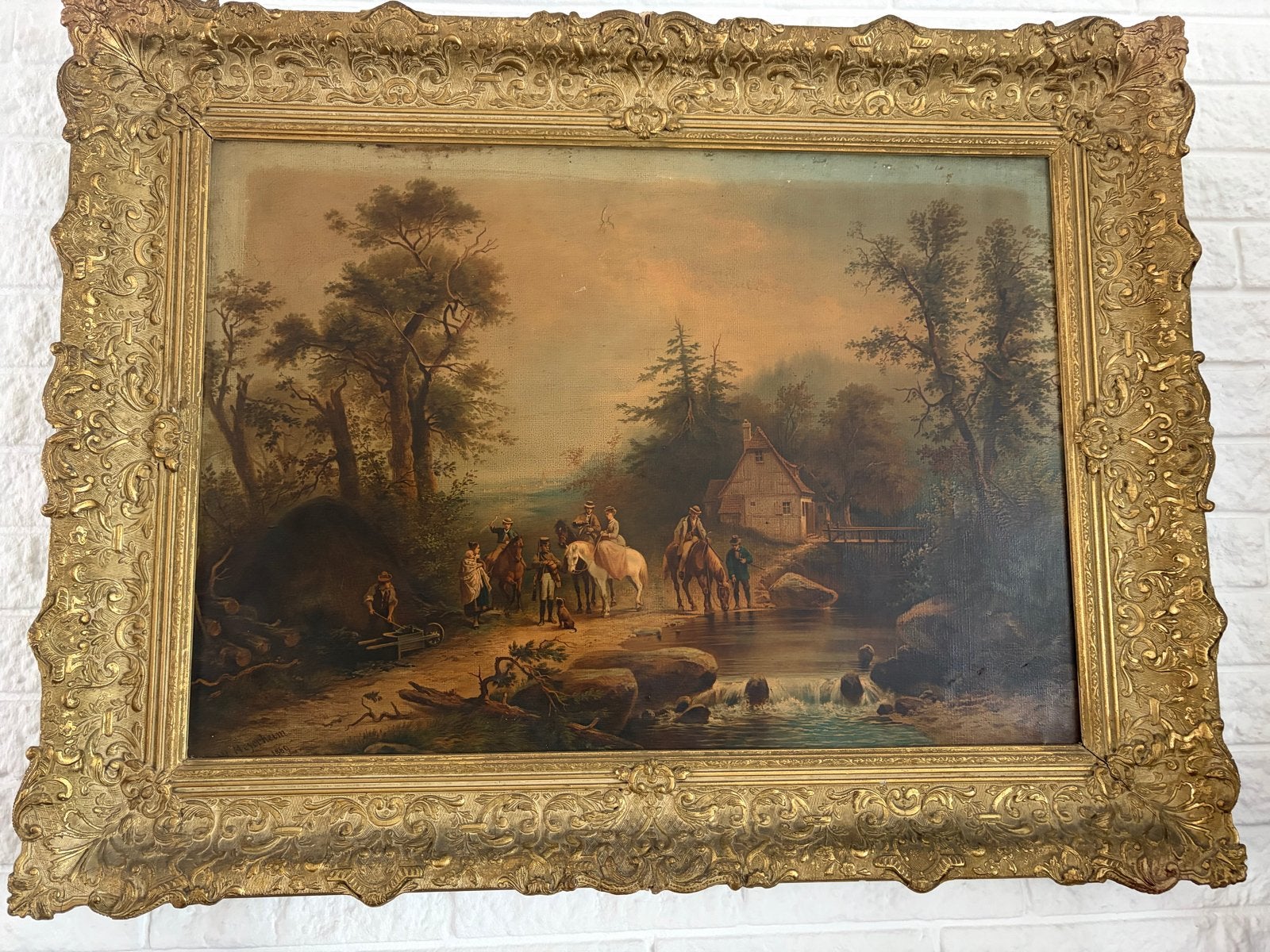 Klassiek olieverfschilderij: Scène met jagers en hut, Doek, Ophalen of Verzenden, Gesigneerd, Landschap