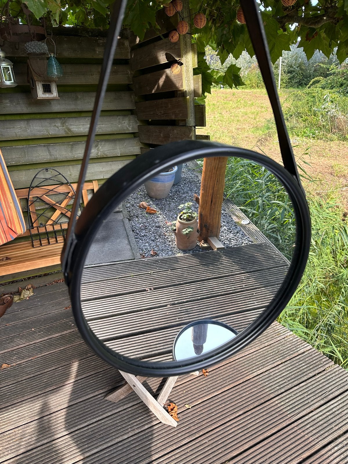 Ronde spiegel met leren band - set van 2, Ophalen of Verzenden, Rond, Minder dan 50 cm, Minder dan 100 cm